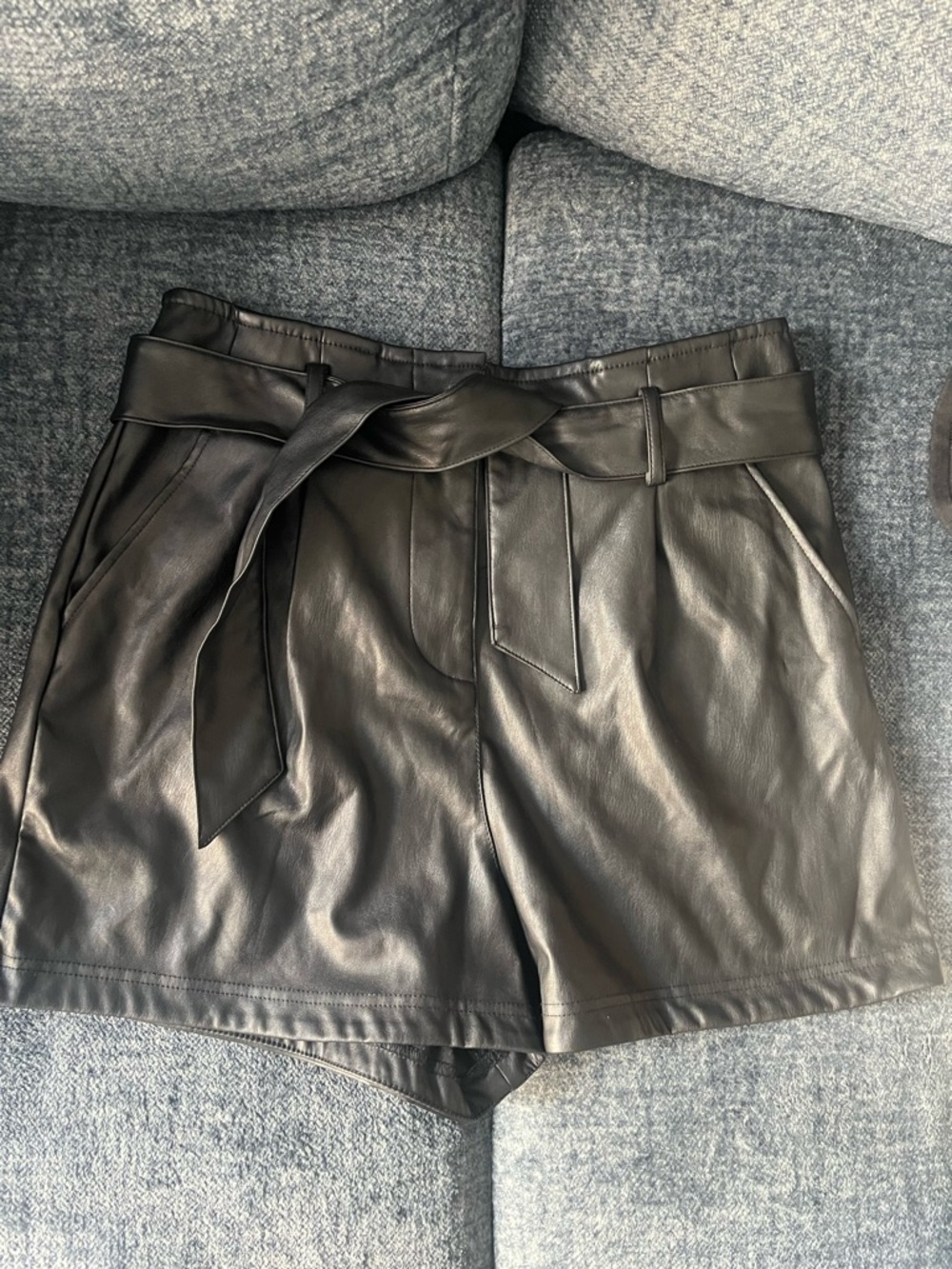 New Look Black Faux Leather High-Waist Tie-Belt Shorts